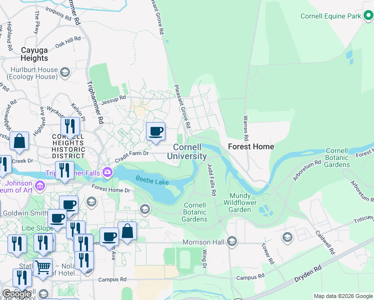 map of restaurants, bars, coffee shops, grocery stores, and more near in Ithaca