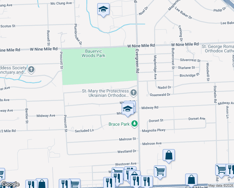 map of restaurants, bars, coffee shops, grocery stores, and more near 20212 Mada Avenue in Southfield