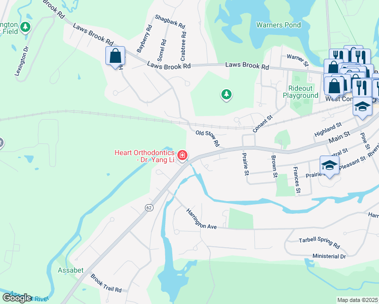 map of restaurants, bars, coffee shops, grocery stores, and more near 1 Pond Lane in Concord