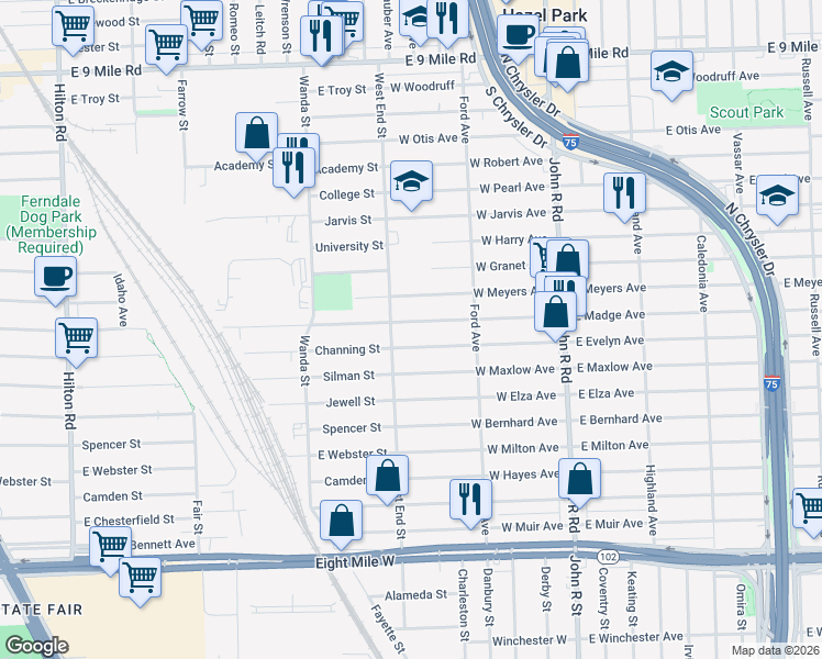 map of restaurants, bars, coffee shops, grocery stores, and more near 416 West Evelyn Avenue in Hazel Park