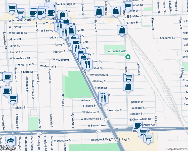 map of restaurants, bars, coffee shops, grocery stores, and more near 137 Channing Street in Ferndale