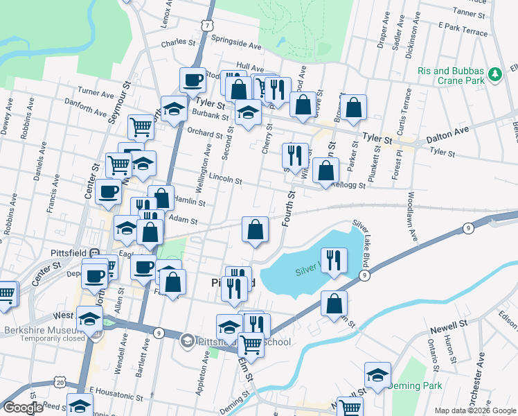 map of restaurants, bars, coffee shops, grocery stores, and more near 20 Oak Street in Pittsfield