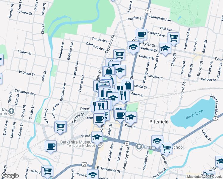 map of restaurants, bars, coffee shops, grocery stores, and more near 312 North Street in Pittsfield