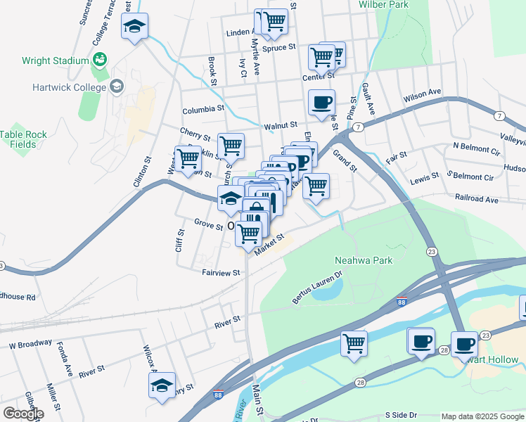 map of restaurants, bars, coffee shops, grocery stores, and more near 136 Main Street in Oneonta