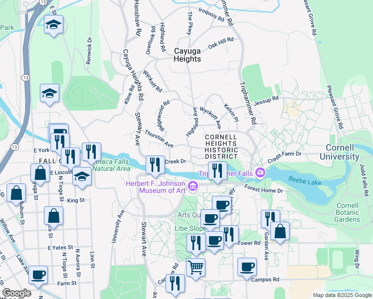map of restaurants, bars, coffee shops, grocery stores, and more near 220 Fall Creek Drive in Ithaca