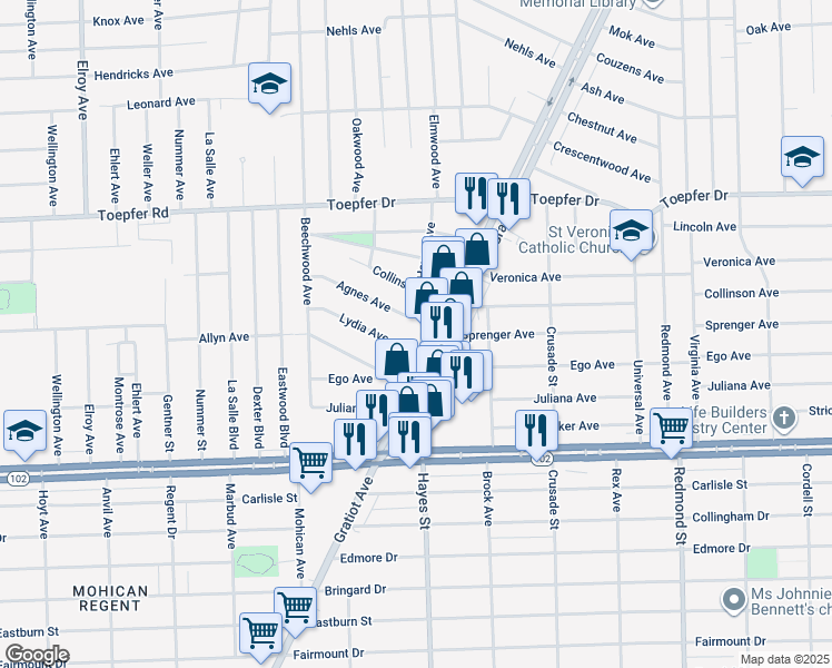 map of restaurants, bars, coffee shops, grocery stores, and more near 21055 Gratiot Avenue in Eastpointe