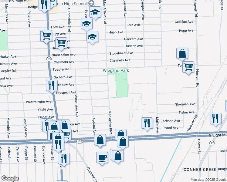 map of restaurants, bars, coffee shops, grocery stores, and more near 21440 Mac Arthur Boulevard in Warren