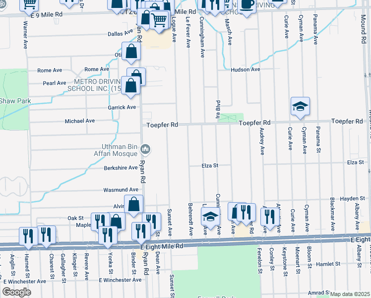 map of restaurants, bars, coffee shops, grocery stores, and more near 21356 Sunset Avenue in Warren