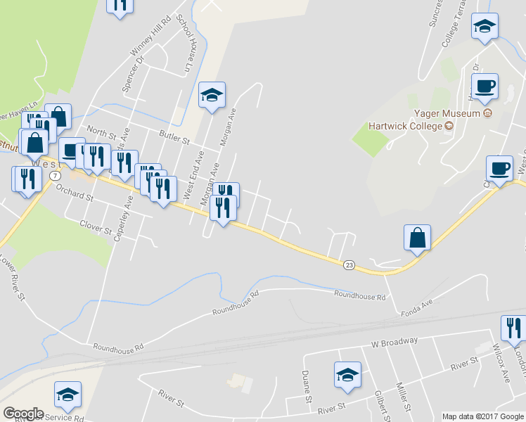 map of restaurants, bars, coffee shops, grocery stores, and more near 11 Kearney Street in Oneonta