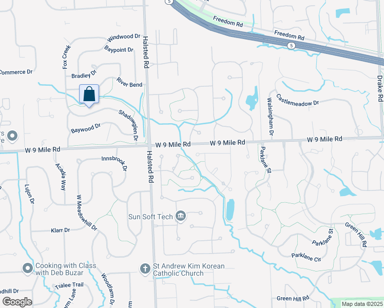 map of restaurants, bars, coffee shops, grocery stores, and more near 22298 Nearbrook Court in Farmington Hills