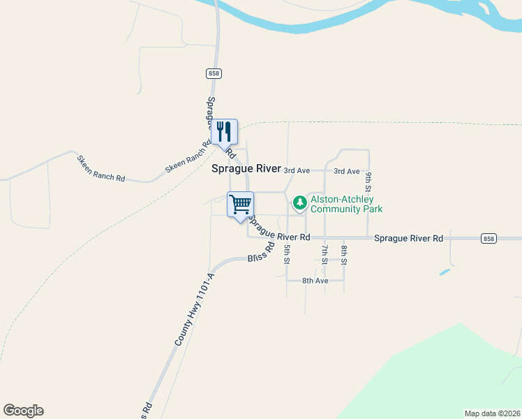 map of restaurants, bars, coffee shops, grocery stores, and more near 23623 5th Street in Sprague River