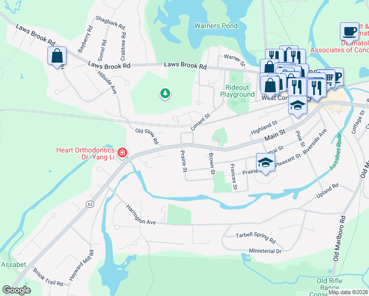 map of restaurants, bars, coffee shops, grocery stores, and more near 1585 Main Street in Concord