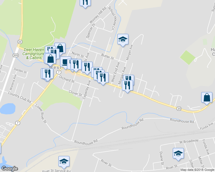 map of restaurants, bars, coffee shops, grocery stores, and more near 371 Chestnut Street in Oneonta