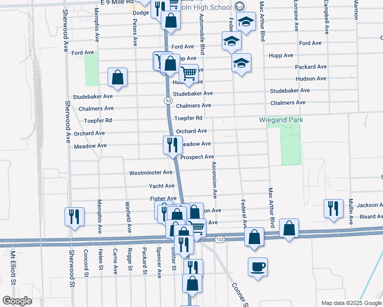 map of restaurants, bars, coffee shops, grocery stores, and more near 8071 Prospect Avenue in Warren