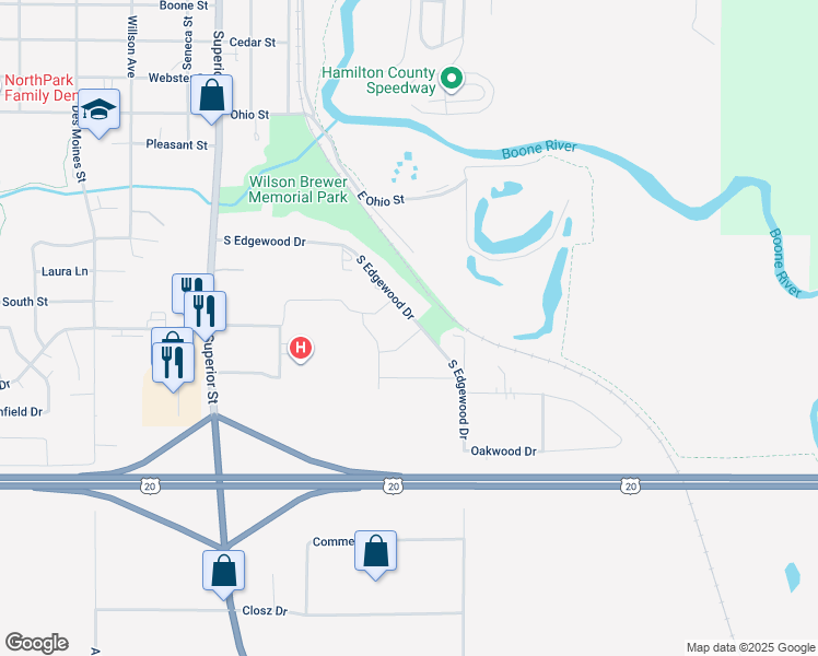 map of restaurants, bars, coffee shops, grocery stores, and more near 2135 South Edgewood Drive in Webster City