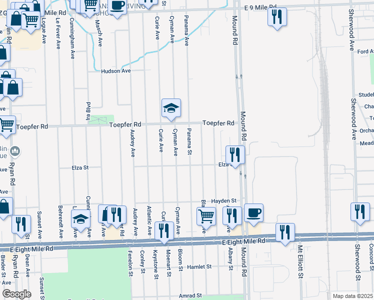 map of restaurants, bars, coffee shops, grocery stores, and more near 21425 Panama Street in Warren