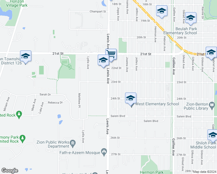 map of restaurants, bars, coffee shops, grocery stores, and more near 2328 Lewis Avenue in Zion