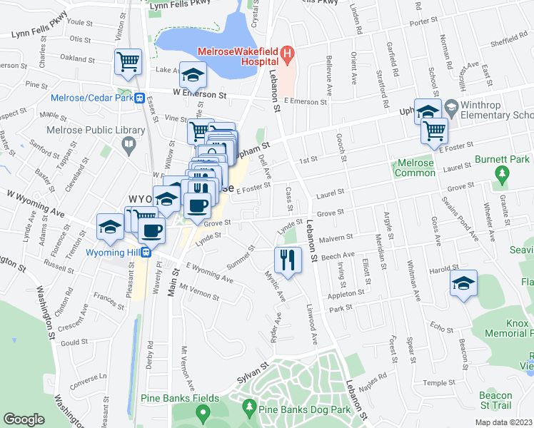 map of restaurants, bars, coffee shops, grocery stores, and more near 140 Grove Street in Melrose