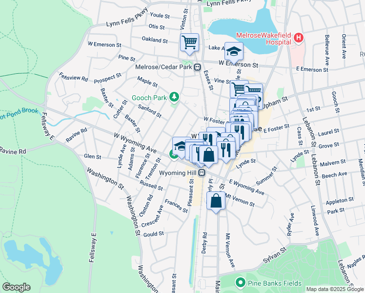 map of restaurants, bars, coffee shops, grocery stores, and more near 87 West Wyoming Avenue in Melrose