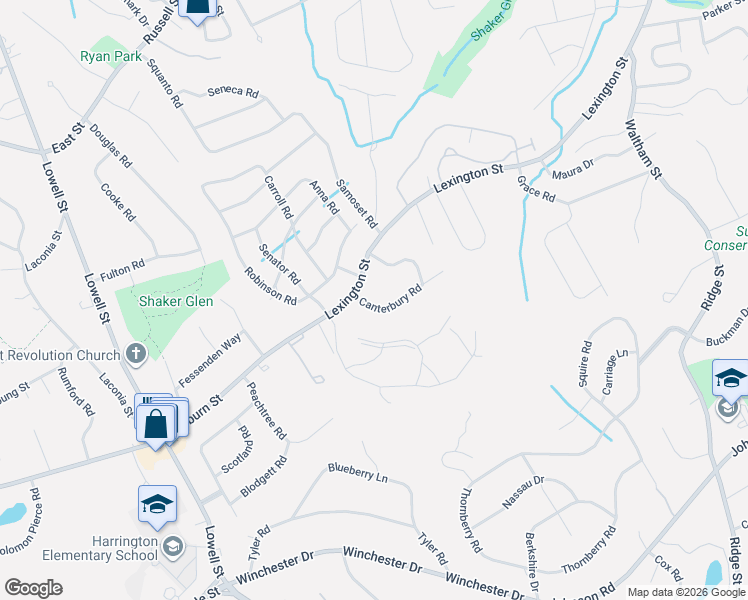 map of restaurants, bars, coffee shops, grocery stores, and more near 7 Canterbury Road in Woburn