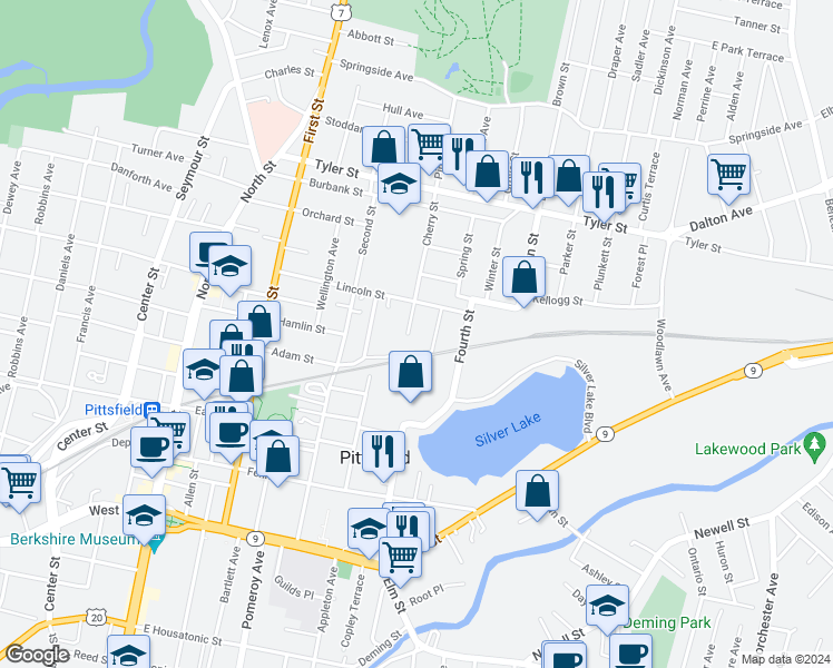 map of restaurants, bars, coffee shops, grocery stores, and more near 20 Oak Street in Pittsfield
