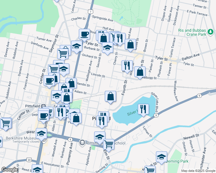 map of restaurants, bars, coffee shops, grocery stores, and more near 110 3rd Street in Pittsfield