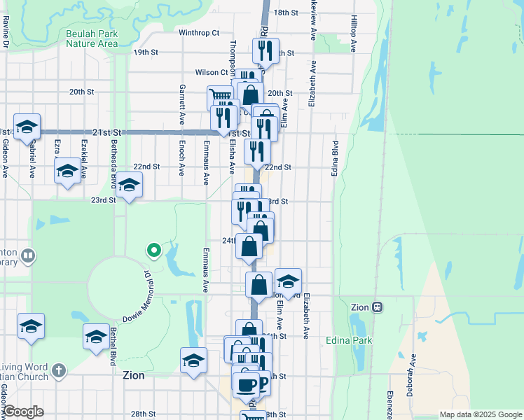 map of restaurants, bars, coffee shops, grocery stores, and more near 2353 Sheridan Road in Zion