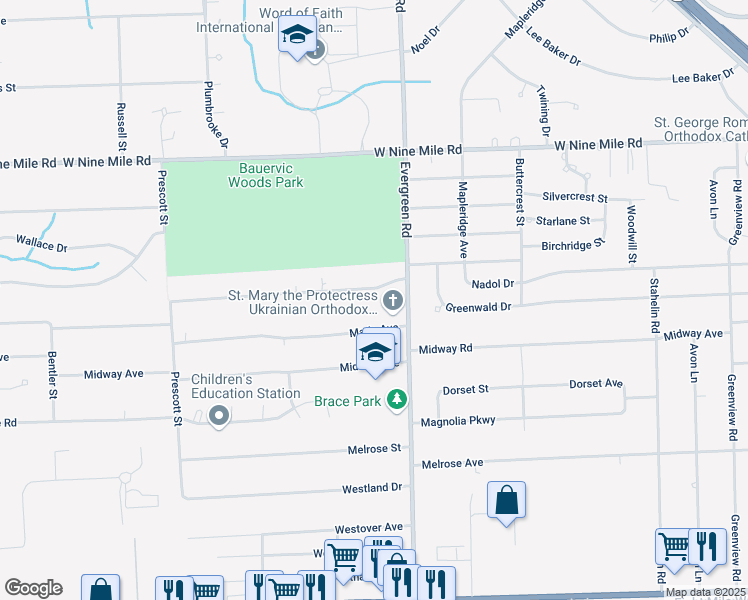 map of restaurants, bars, coffee shops, grocery stores, and more near 20085 Woodburn Drive in Southfield