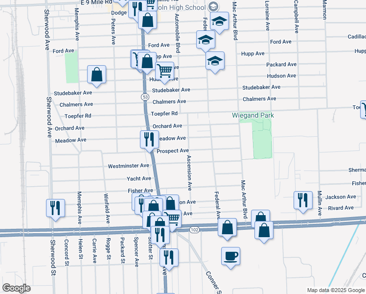 map of restaurants, bars, coffee shops, grocery stores, and more near 8147 Prospect Avenue in Warren
