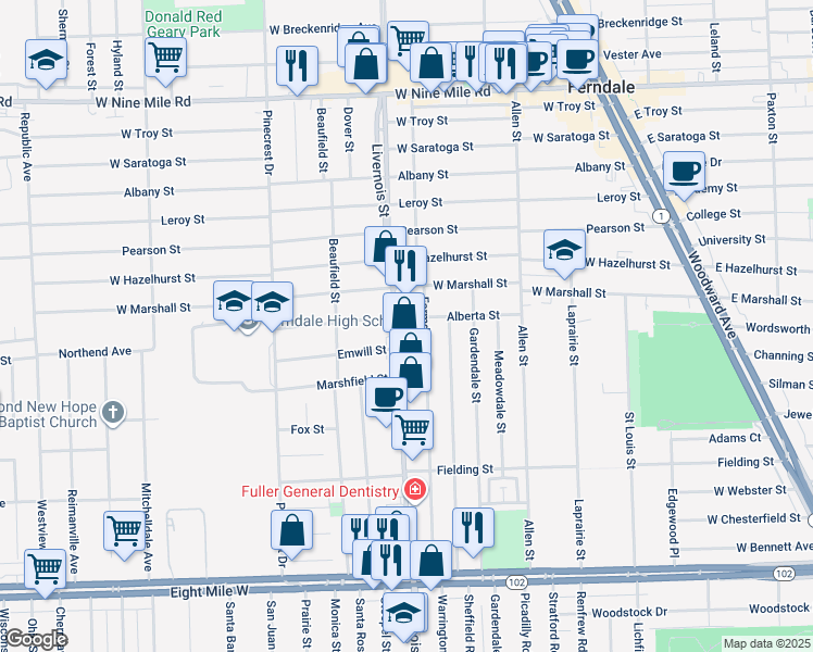 map of restaurants, bars, coffee shops, grocery stores, and more near 756 Livernois in Ferndale
