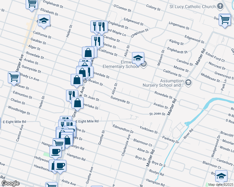 map of restaurants, bars, coffee shops, grocery stores, and more near 22600 Sunnyside Street in St. Clair Shores