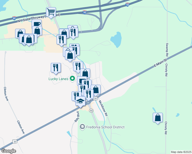 map of restaurants, bars, coffee shops, grocery stores, and more near 3738 Main Road in Dunkirk
