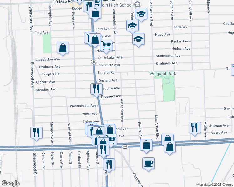 map of restaurants, bars, coffee shops, grocery stores, and more near 8120 Prospect Avenue in Warren