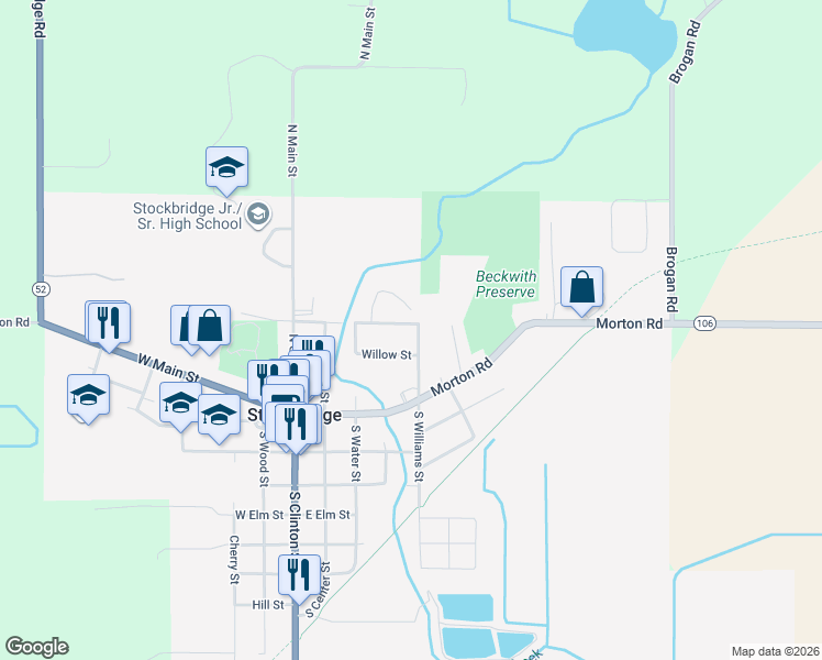 map of restaurants, bars, coffee shops, grocery stores, and more near 236 North Williams Street in Stockbridge