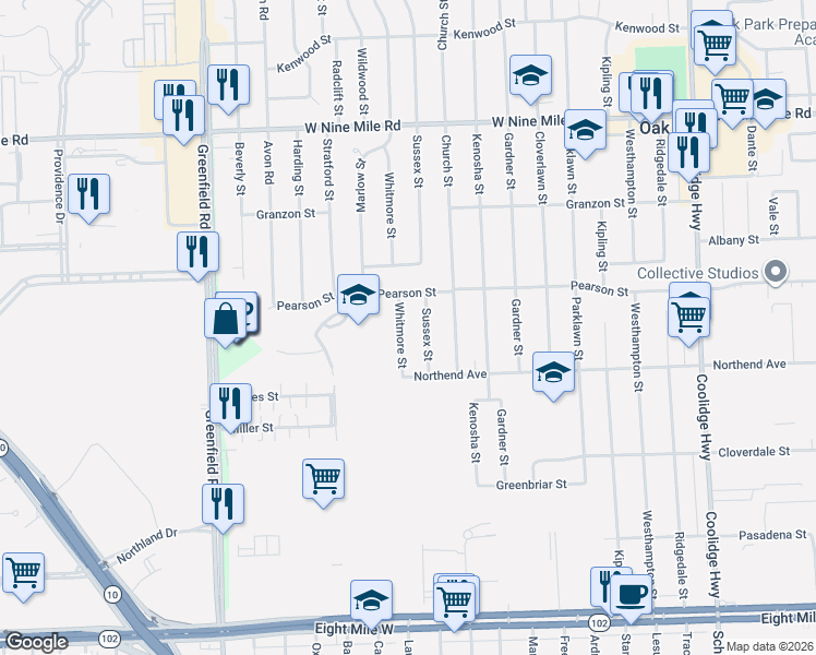 map of restaurants, bars, coffee shops, grocery stores, and more near 21640 Whitmore Street in Oak Park