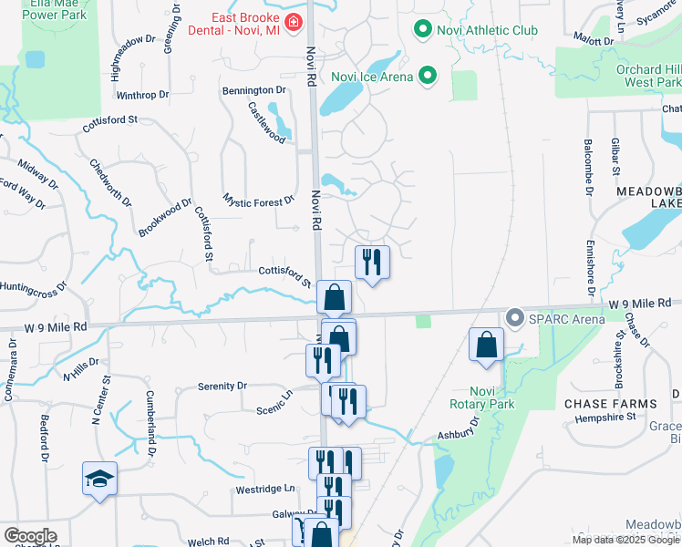 map of restaurants, bars, coffee shops, grocery stores, and more near 43200 Novi in Novi