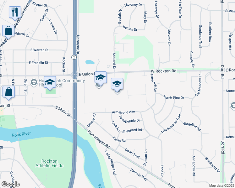 map of restaurants, bars, coffee shops, grocery stores, and more near 1060 East Union Street in Rockton