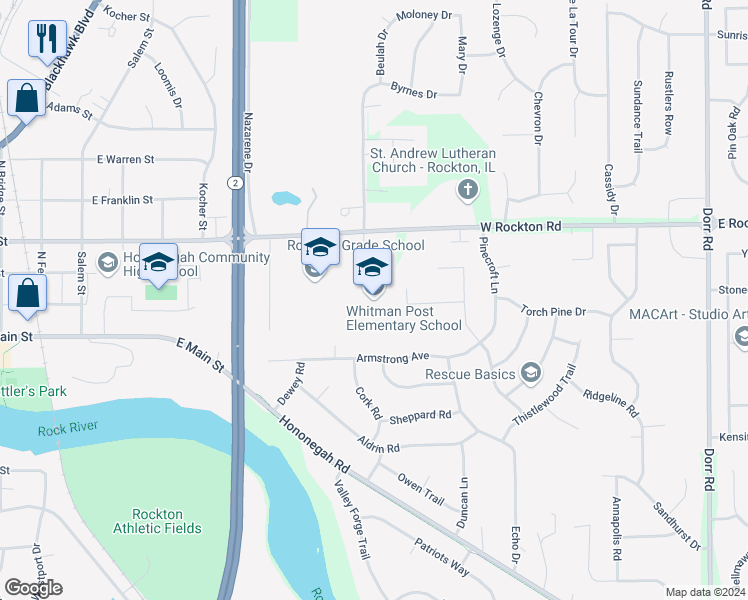 map of restaurants, bars, coffee shops, grocery stores, and more near 1060 East Union Street in Rockton