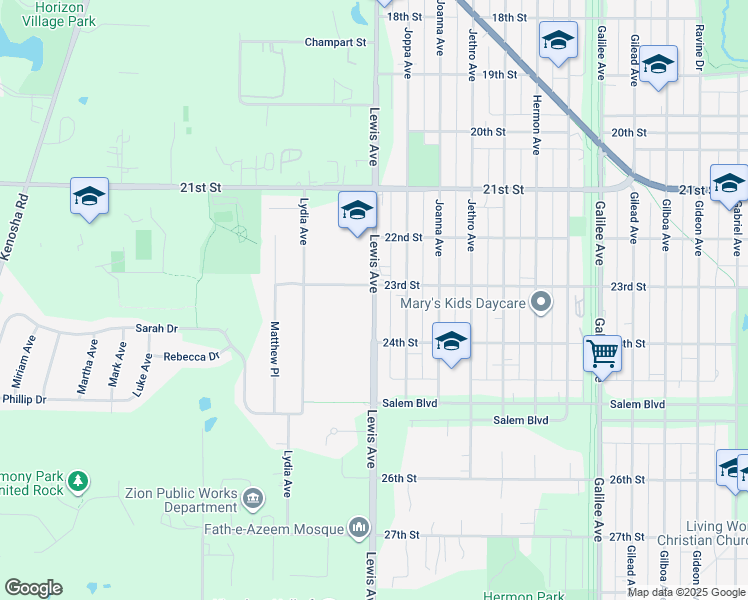 map of restaurants, bars, coffee shops, grocery stores, and more near 2318 Lewis Avenue in Zion
