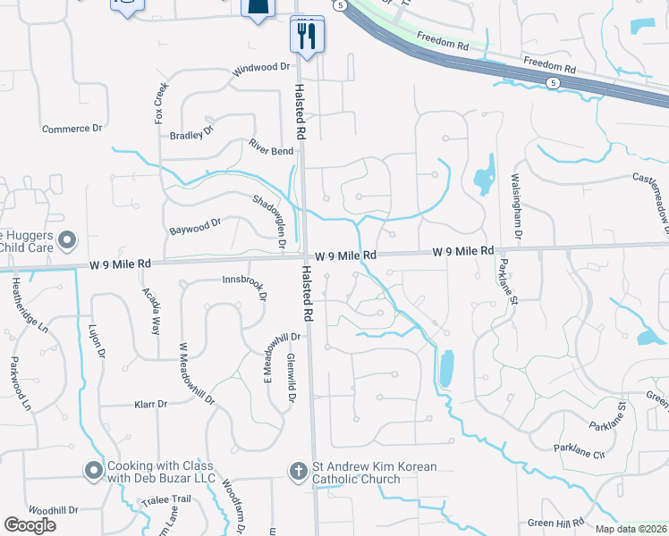 map of restaurants, bars, coffee shops, grocery stores, and more near 22322 Sheffield Court in Farmington Hills