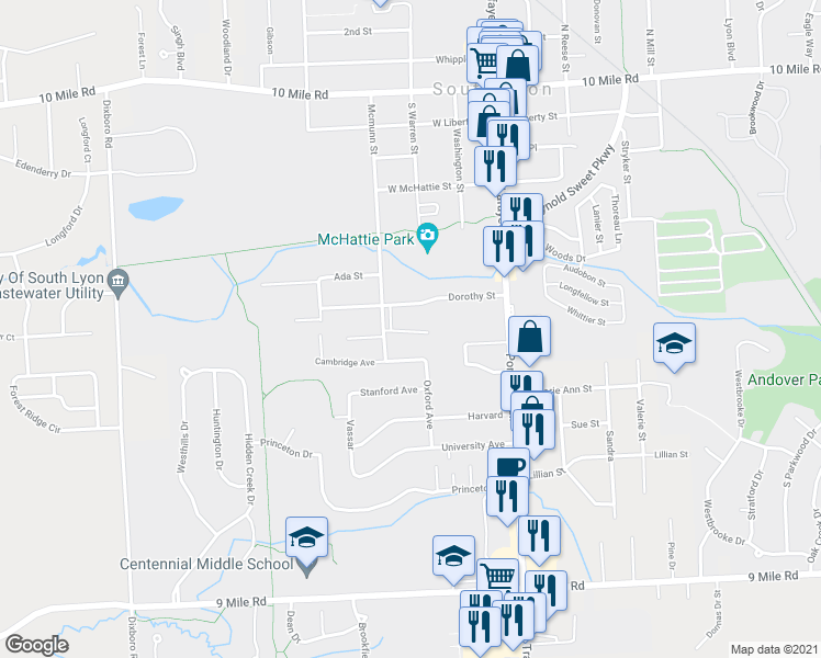 map of restaurants, bars, coffee shops, grocery stores, and more near 359 Hampton Court in South Lyon
