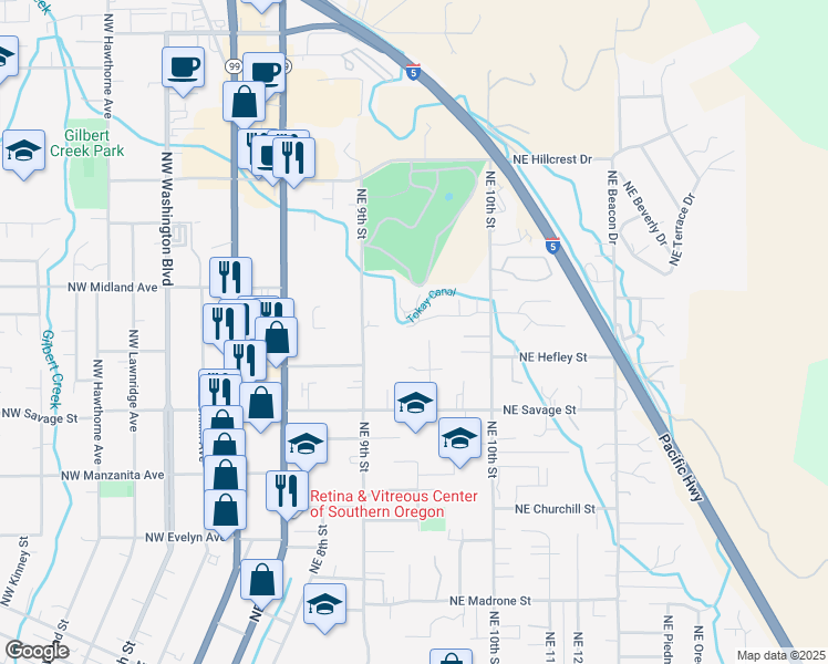 map of restaurants, bars, coffee shops, grocery stores, and more near 761 Northeast Dewey Drive in Grants Pass