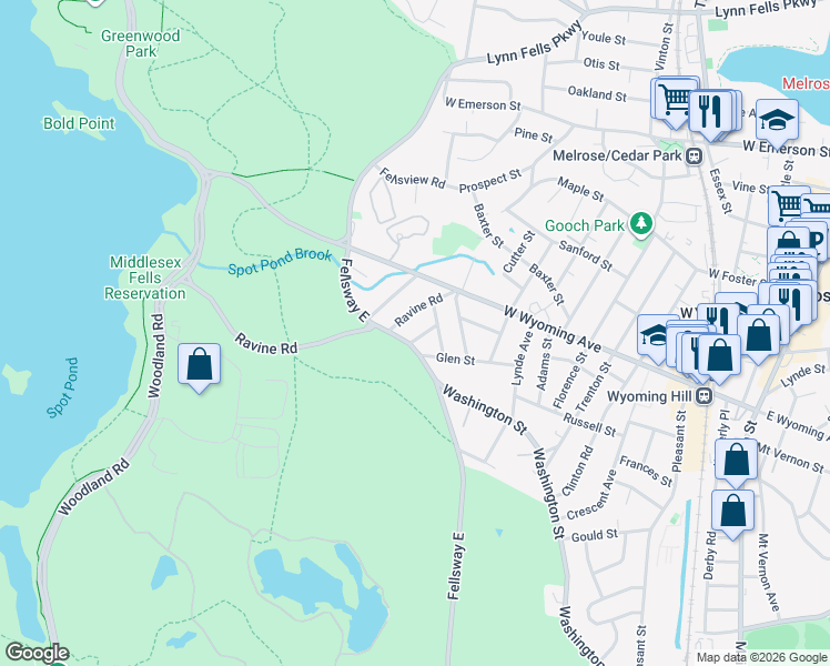 map of restaurants, bars, coffee shops, grocery stores, and more near 77 Glen Street in Melrose