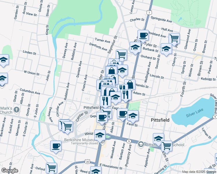 map of restaurants, bars, coffee shops, grocery stores, and more near 312 North Street in Pittsfield