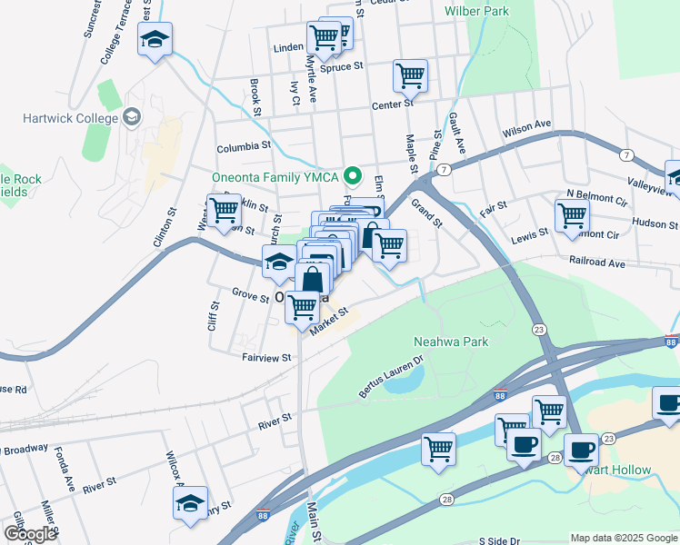 map of restaurants, bars, coffee shops, grocery stores, and more near 47 Market Street in Oneonta