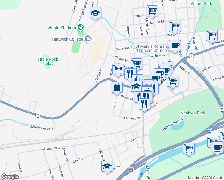 map of restaurants, bars, coffee shops, grocery stores, and more near 43 Grove Street in Oneonta