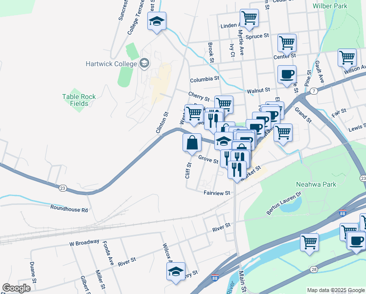 map of restaurants, bars, coffee shops, grocery stores, and more near 43 Grove Street in Oneonta