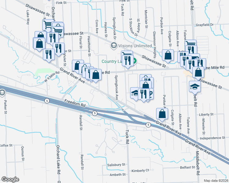 map of restaurants, bars, coffee shops, grocery stores, and more near 22009 Springbrook Avenue in Farmington Hills