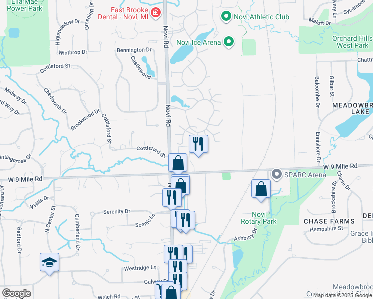 map of restaurants, bars, coffee shops, grocery stores, and more near 43180 W 9 Mile Rd in Novi