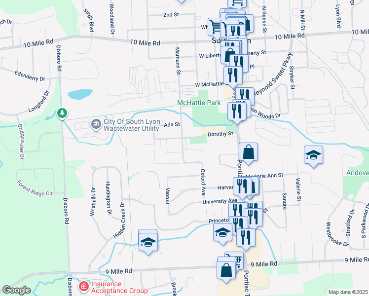 map of restaurants, bars, coffee shops, grocery stores, and more near 356 Cambridge Avenue in South Lyon